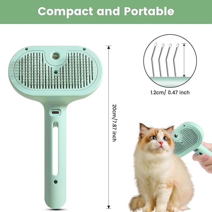 3 in 1 Cat Steam Brush, Pet Spray Hair Removal Comb for Shedding & Grooming, Water Brush for Cats Dogs Small Animals Long Short Haired with One-Click Release Button(Green)-PawvioPets
