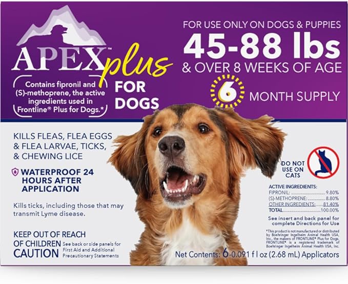 Apex Plus Flea and Tick Prevention for Dogs | Large (45-88 lbs) | 6-Month Supply | Dog Flea and Tick Treatment | 24-Hour Activation, Waterproof, 30-Day Protection-PawvioPets