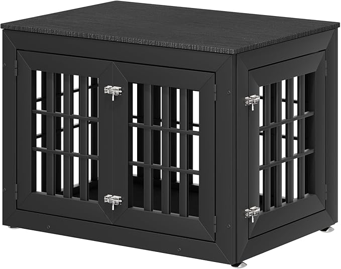 38" Heavy Duty Dog Crate Furniture for Small,Medium and Large Dogs,Rustic Wooden Dog Cage Kennel Indoor Furniture with Waterproof Top,Decorative Pet House Side End Table (Black)-PawvioPets