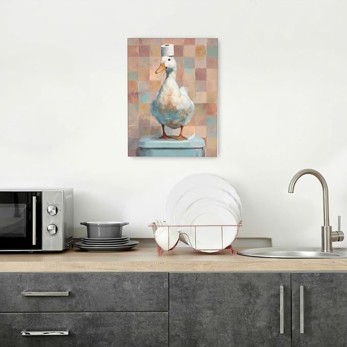 Funny Duck Bathroom Wall Art Cute Duck on Toilet Canvas Wall Decor Funny Quirky Farm Animal Pictures Painting Print Framed Artwork Decorations Gifts for Bathroom 12"x16"-PawvioPets