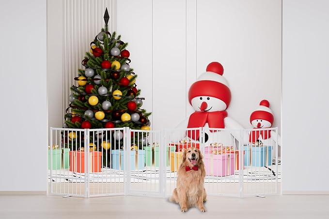 Full Metal Freestanding Dog Gate with Door, 32''Height Foldable Pet Dog Fence for Indoor & Outdoor, 6 Panels Extra Wide Free Standing TallDog Gates for Doorways,House,Stairs,Porch,Deck,Yard-PawvioPets