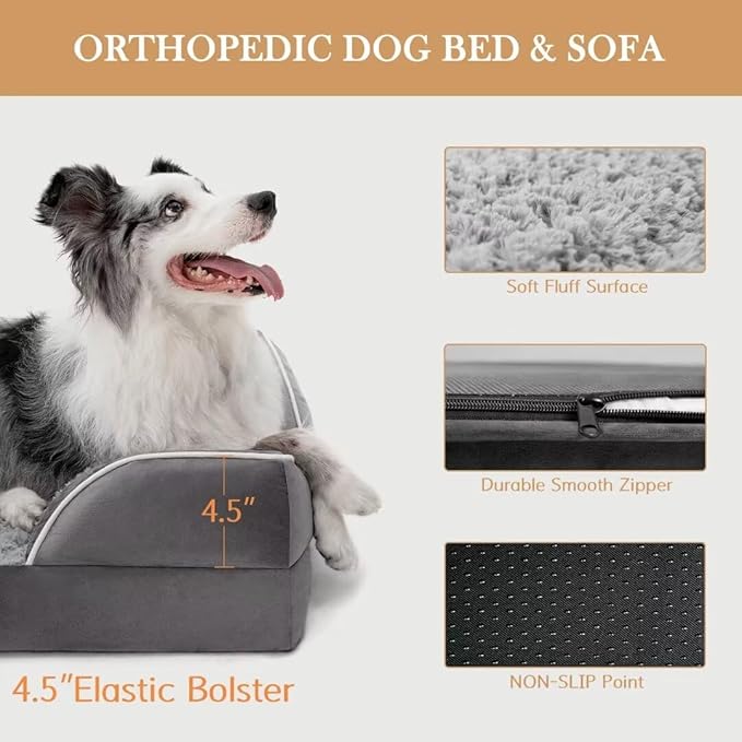 Comfort Expression Cooling Dog Bed for Large Dogs, Orthopedic Memory Foam Beds, Waterproof Washable Dogs Bed with Removable Cover, Pet Bed Dog Sofa with Bolster(Large,Silver Grey)-PawvioPets