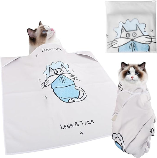 Cat Grooming Wrap: Premium Cat Wrap for Cutting Nails 2025 Thicker Upgraded, Self-Adherent Texture Hand Pocket Designed for Anti-Bite/Scratch, Eco-Friendly Dyed Funny Instruction & Pattern (Size L)-PawvioPets