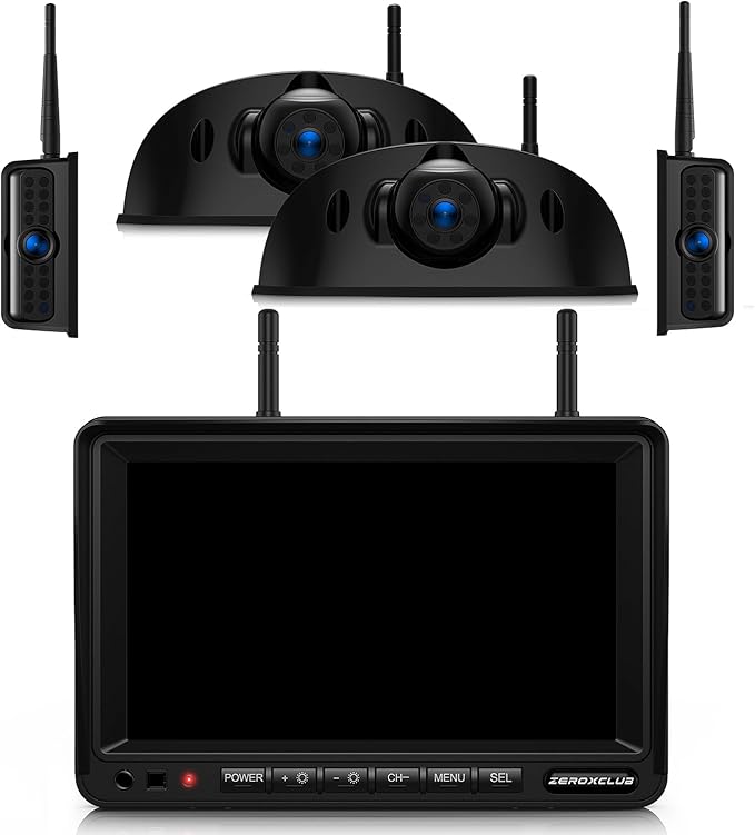 4 Cameras Wireless RV Backup System with 7-Inch Monitor, 2 Rear Sharkfin 2 Side Cameras, IR Night Vision, IP69k Waterproof Recording, Compatible with Furrion Pre-Wired RV Truck Trailer BW4-PawvioPets