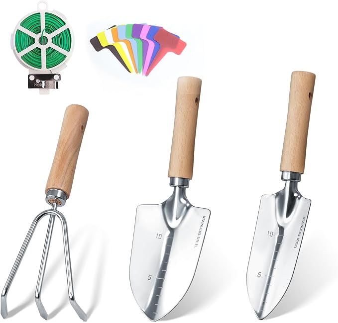 Garden Tool Set, 3 Pieces Gardening Kit with Garden Plant Twist Tie and Plastic Plant Tag, Stainless Steel Heavy Duty Garden Tools with Wooden Handle, Gardening Gifts for Women-PawvioPets