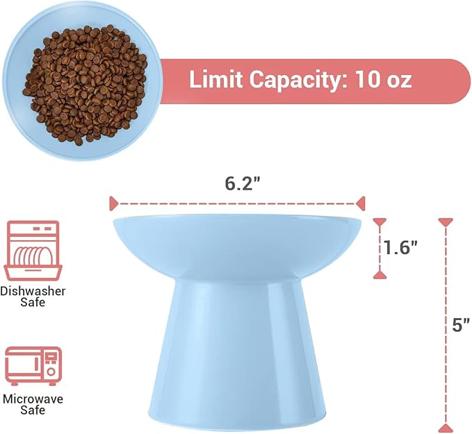Extra Wide Elevated Ceramic Cat Food Bowl - 6.2" Shallow Dish for Whisker Fatigue Relief, 5" Height for Easy Feeding, Lead & Cadmium Free, Durable Raised Cat Food Bowls, Blue-PawvioPets
