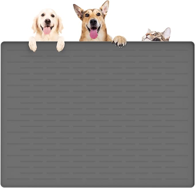 39.4"x29.5" Large Pet Food Mat, Silicone Dog Mats for Food and Water, Nonslip Pet Feeding Mats for Floors,Dog Cat Bowl Mat with Raised Edges, Dark Gray-PawvioPets