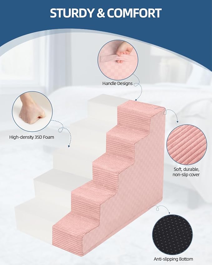 Dog Stairs for Small Dogs,13" H,3-Step Dog Steps Ramp for Bed and Couch with High Density Foam,Non-Slip Pet Steps for Doggy and Cat,Pet Stairs with a Washable Cover,Pink-PawvioPets