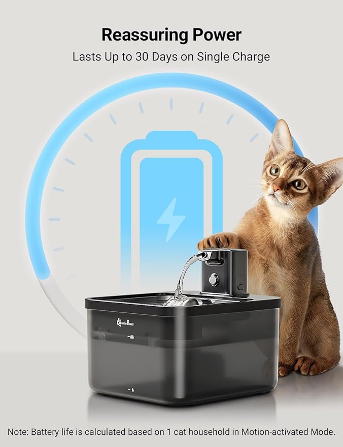 DownyPaws Cat Water Fountain Stainless Steel Cordless, 84oz/2.5L Fursink Wireless Pet Water Fountains for Cats Indoor, Battery Operated Cat Drinking Fountain, BPA-Free, Black with 6 Filters-PawvioPets