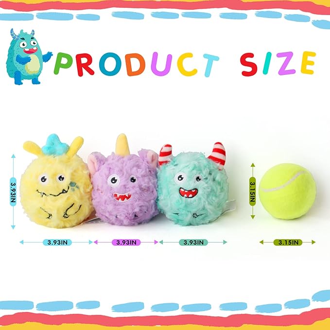 DKING 3Pack Squeaky Dog Balls,2 in1 Funny Puppy Ball Toys,Birthday Dog Toy for Small Medium Dogs (Monster Ball)-PawvioPets