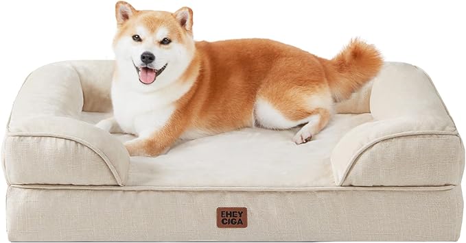 EHEYCIGA Orthopedic Dog Beds for Large Dogs, Waterproof Memory Foam Large Pet Bed with Sides, Non-Slip Bottom and Egg-Crate Foam Dog Couch Bed with Washable Removable Cover, Beige-PawvioPets
