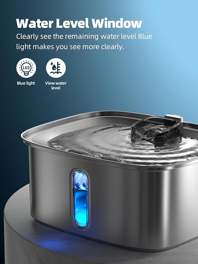 Dog Water Fountain for Large Dogs, 9L/2.4Gal Stainless Steel Dog Fountain with Water Level Window & Filtration, Automatic Pet Water Bowl Dispenser Indoor, Super Quiet (with 6 Filters)-PawvioPets