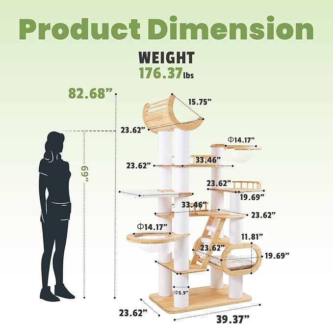 82.7'' Large Cat Tree, Modern Cat Tower with Scratching Post, Luxury Cat House, Wood Cat Tree for Indoor Cats Large Adult, Multi-Level Activity Center with Hammock, Clear Bowl, Semi-Closed Condo-PawvioPets