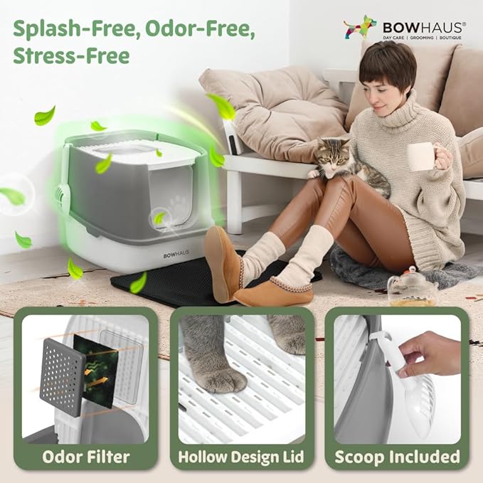 Fully Enclosed Cat Litter Box w/Lid, Scoop, Cat Mat & Odor Fitter, Large Plastic Cat Toilet with Double Door, Anti-Splashing Cat Litter Box with Lockable Front Door, Dark Grey-PawvioPets