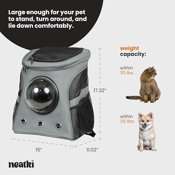 Cat Backpack Carrier, Airline Approved, Space Capsule Bubble Design, Ideal for Cats & Dogs up to 28-35 lbs, with Strong Straps, Safety Zippers, Mesh, Comfortable for Hiking & Travel (Grey)-PawvioPets