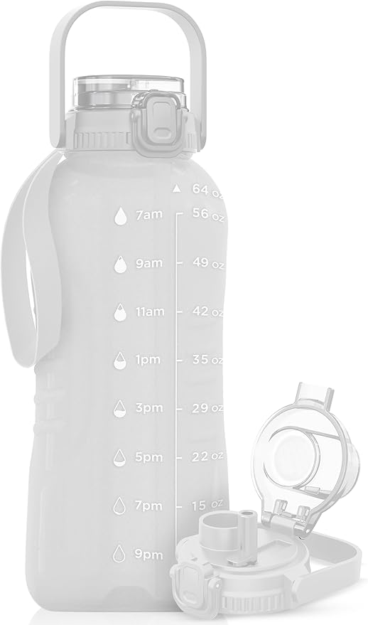 AQUAFIT 64 oz Water Bottle with Time Marker - 2in1 Straw & Chug Lid - BPA Free Big Water Bottle with Straw - Gym Water Bottle with Strap - Water Jug (64 Ounces, Frosty)-PawvioPets