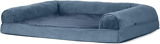 Furhaven Cooling Gel Dog Bed for Large/Medium Dogs w/ Removable Bolsters & Washable Cover, For Dogs Up to 55 lbs - Faux Fur & Velvet Sofa - Harbor Blue, Large-PawvioPets