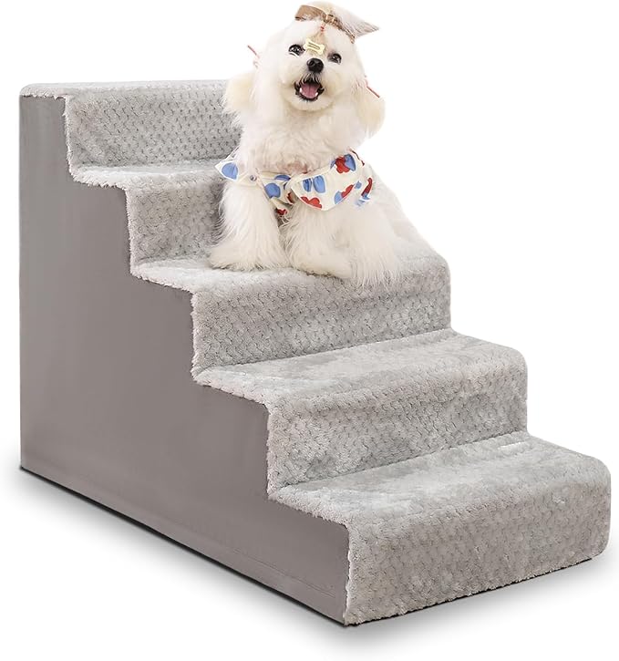 Dog Stairs for Small Dogs,22" H,5-Step Dog Steps for High Bed Couch and Sofa,Pet Stairs for Dogs and Cats Climbing with Non-Slip Bottom and Washable Cover,Grey-PawvioPets