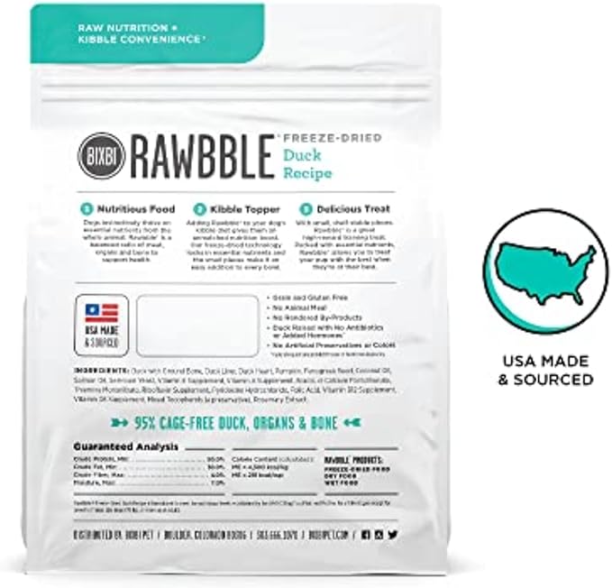 BIXBI Rawbble Freeze Dried Dog Food, Duck Recipe, 4.5 oz - 95% Meat and Organs, No Fillers - Pantry-Friendly Raw Dog Food for Meal, Treat or Food Topper - USA Made in Small Batches-PawvioPets