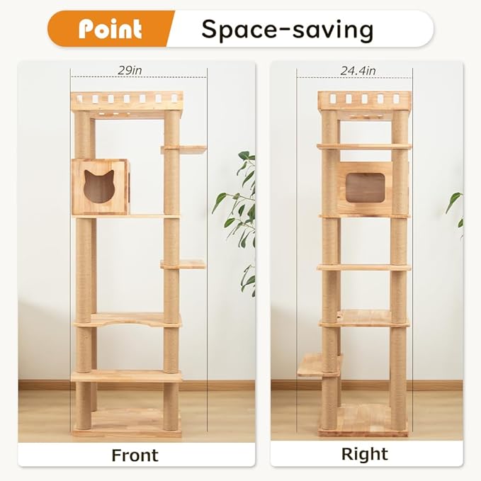 74" Wooden Cat Tree Tower for Large Cats, Multi-Level Cat Climbing Furniture with Scratching Posts, Cat Condo & Hammock, Natural Wood Cat Activity Center(Brown)-PawvioPets