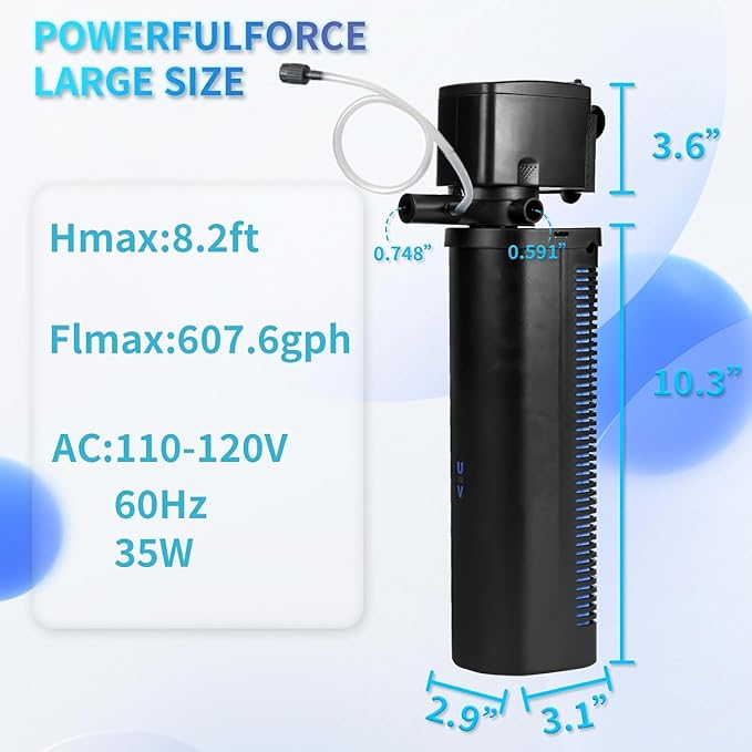 Aquarium U-V Filter Dual Spout 600GPH for Large 100-300 Gallon Fish Tank Silent Canister Internal Filter Cold Plunge Tub Koi Pond Filter, Green Clean Machine Deodorization for Saltwater Freshwater-PawvioPets