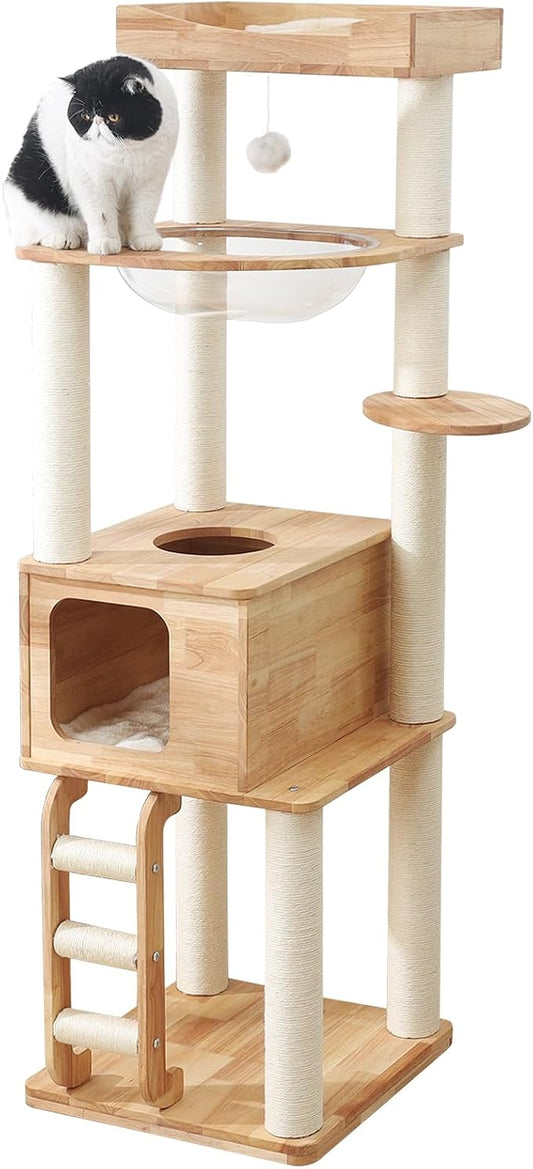 65-inch Tall Cat Tree，Cat Tower for Indoor Cats with Feel-Safe Enclosed Cat Cave、Scratching Post、Space Capsule Nest and Cat Ladder-PawvioPets