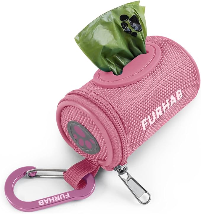 Dog Poop Bag Holder for Leash Doggie Waste Bag Dispenser Soft Fabric Puppy Potty Carrier Small Doggy Zipper Pouch with Carabiner Clip 1680D Nylon Oxford with 1 Roll of Pet Trash Bags, Pink-PawvioPets