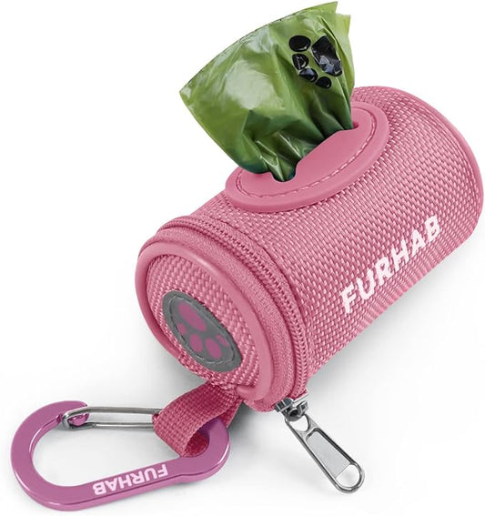 Dog Poop Bag Holder for Leash Doggie Waste Bag Dispenser Soft Fabric Puppy Potty Carrier Small Doggy Zipper Pouch with Carabiner Clip 1680D Nylon Oxford with 1 Roll of Pet Trash Bags, Pink-PawvioPets