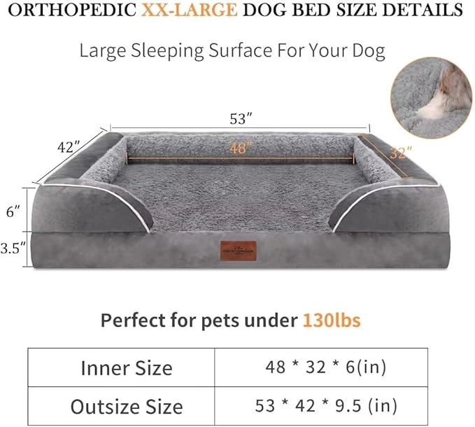 Comfort Expression Orthopedic Memory Foam Dog Beds for Giant Dogs, XXL Dogs Beds Washable, Waterproof Dog Beds with Bolster & Removable Cover(XX-Large,Silver Grey)-PawvioPets