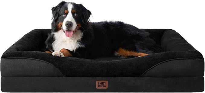 EHEYCIGA Memory Foam XXL Dog Bed for XLarge Sized, Extra Large Orthopedic Dog Sofa with Sides and Waterproof Liner, Washable Bolster Pet Couch with Removable Cover, 52x41x8 Inch, Black-PawvioPets