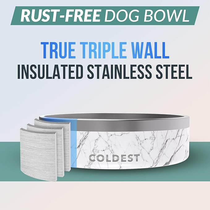 Coldest Dog Bowl - Anti Rust Metal & Non Slip Dog Bowls Large, Spill Proof Heavy Duty 3 Layers Insulated Dog Bowl - Food and Water Bowl for Dogs, Cats & Pets, Dishwasher Safe (42 oz, Carrara Marble)-PawvioPets