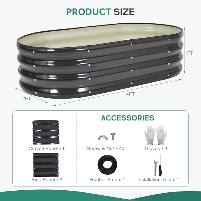 Galvanized Raised Garden Bed Outdoor - 4×2×1ft Planter Raised Beds for Gardening | Oval Metal Garden Planter Box with Safety Edging and Gloves for Vegetables Fruits and Flowers - Grey-PawvioPets