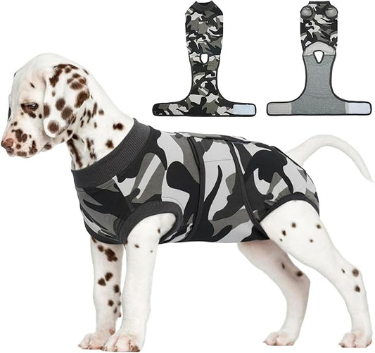 FUAMEY Dog Recovery Suit Male,Dogs Surgery Neuter Suits Puppy Spay Shirts for Female Protect Dog's Skin Anti Licking Abdominal Wounds Doggie Onesie Pet Bodysuit Alternative to Cone Grey Camouflage XS-PawvioPets