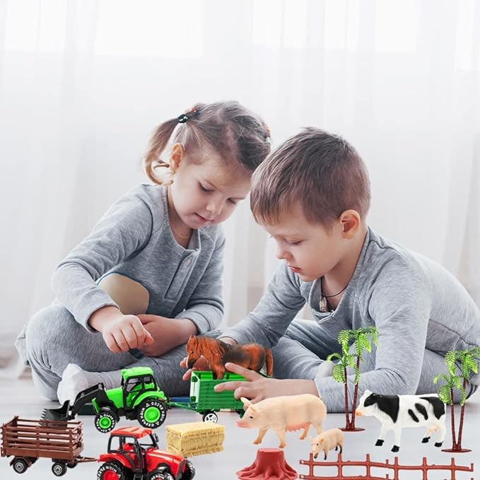 3 Pack Farm Toy Tractor with 40pcs Plastic Animals Figurines and Fence Playset, Farm Figures Farmer Vehicle Toy Truck with Trailer for 3-12 Years Old Kids Boys Girls Toddlers-PawvioPets