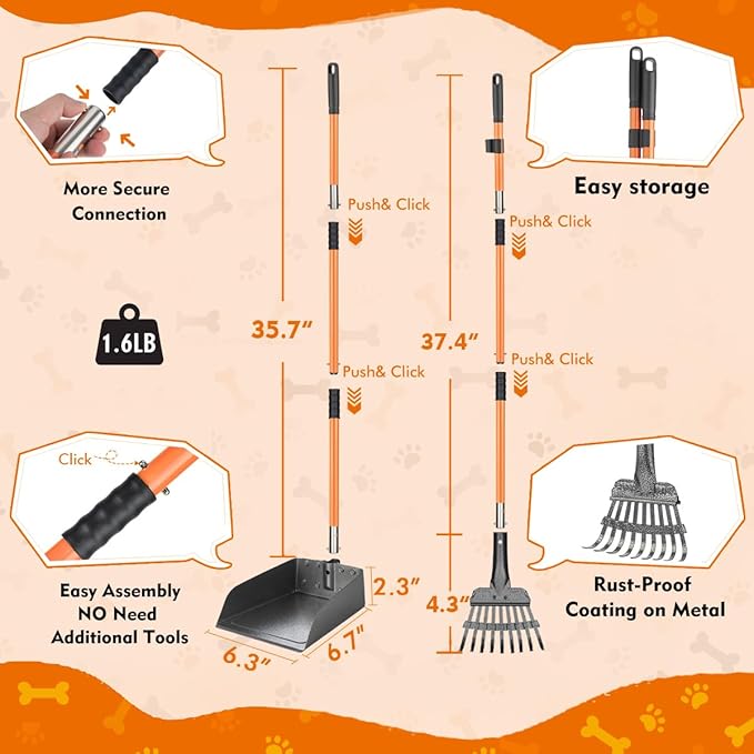28" Pooper Scooper and 38" Heavy Duty Stainless Steel Rake & Tray Set, 3 in 1 Portable Dog Pooper Scooper Set for Large Medium Small Dogs in Grass, Dirt or Gravel-PawvioPets