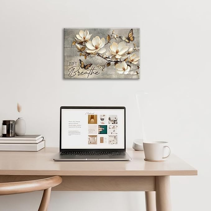 Floral Magnolia Bathroom Pictures Wall Art, Just Breathe Bathroom Wall Decor, Flower Butterfly Framed Painting Canvas Artwork for Bedroom Living Room Decorations 24"L x 16"W-PawvioPets
