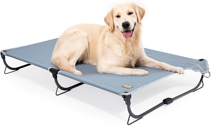 Daisy Cot, Large Foldable Elevated Dog Bed, Portable Raised Outdoor Folding Dog Cot, Cooling, Chew Proof, Waterproof, Heavy Duty Up to 160 lbs for Camping/Home, Grey, 43"x 27"x7"-PawvioPets