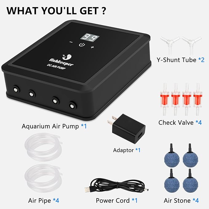 fishkeeper Aquarium Air Pump, 12W 320GPH Ultra Quiet Fish Powerful Fish Tank Air Pump with Four Outlet Adjustable Oxygen Aerator Pump with Air Stone Bubbler for 30-600 Gallon Tanks-PawvioPets