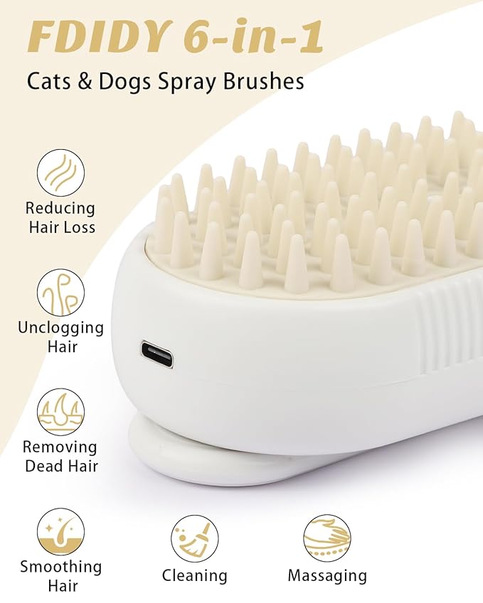 6 in 1 Cat Steam Brush for Shedding, Portable Anti-Static Grooming Comb for Cats & Dogs, Steam Misting Water Brush, Self-Cleaning Pet Hair Remover, Indoor Cat Spray Brushes for Cats & Dogs-PawvioPets