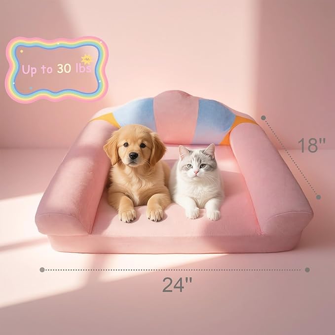 Cute Cat Couch with Soft Pillow, Supportive Dog Couch, Cat Sofa with Removable Cover，Cute Rainbow Shaped, 24 Inch-PawvioPets