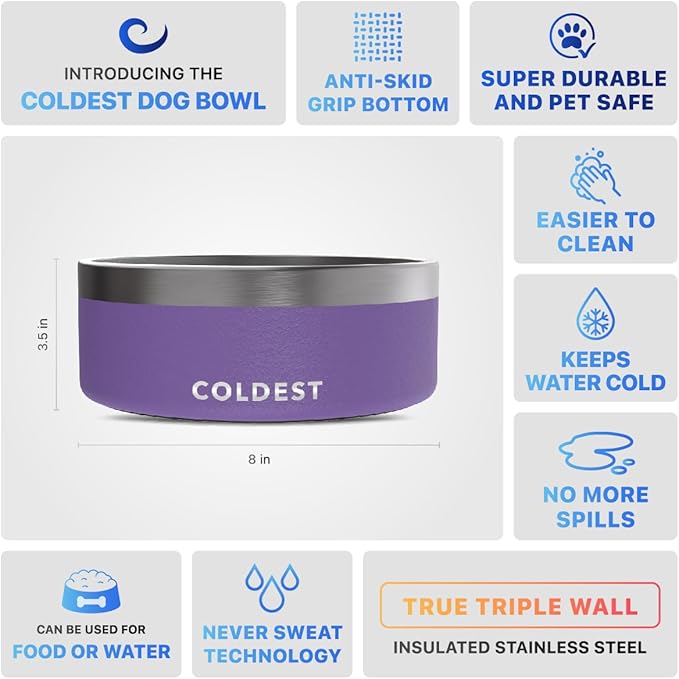 Coldest Dog Bowl - Anti Rust Metal, Non Slip, 3 Layers Insulated Stainless Steel Dog Bowls - Spill Proof & Heavy Duty - Water Bowl for Dogs, Cats & Pets, Dish Washer Safe (64 oz, Galaxy Purple)-PawvioPets