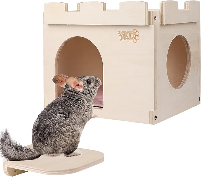 Castle Chinchilla House - Small Animal Hideout for Chinchilla Guinea Pig Hedgehog, or Rat - Ventilated Wooden Hamster Habitat with Multiple Doors - Made from Natural Wood-PawvioPets