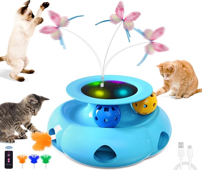 3in1 Interactive Cat Toys for Indoor Cats Rechargeable,Whack a Mole Cat Toy, Fluttering Butterfly, Track Balls, Automatic Kitten Toys Touch Activated, 2 Refill Feather-PawvioPets