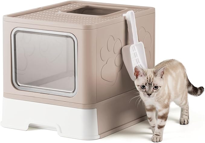Enclosed Cat Litter Box, Large Litter Box for Big Cats, Covered Kitty Litter Boxes with Lid, Top Entry Cat Box Enclosure with Scoop, Odor Control, Easy to Clean(Coffee)-PawvioPets