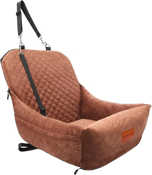 Dog Car Seat for Small Dogs,Covered Soft Fabric and Fill in Memory Foam,Easy to Assemble and Fully Detachable,2 Clip-On Safety Leashes and Storage Pockets(Brown)-PawvioPets