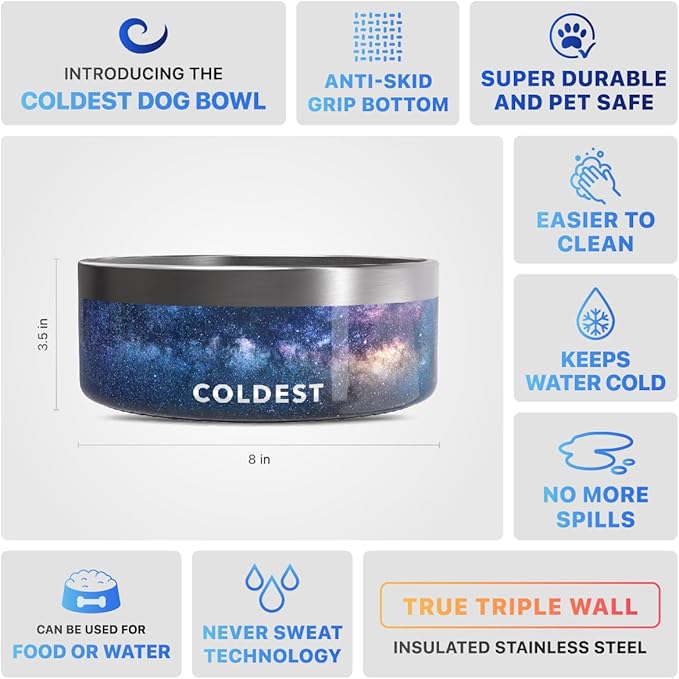 Coldest Dog Bowl - Anti Rust Metal, Non Slip, 3 Layers Insulated Stainless Steel Dog Bowls - Spill Proof & Heavy Duty - Water Bowl for Dogs, Cats & Pets, Dish Washer Safe (64 oz, Into The Beyond)-PawvioPets