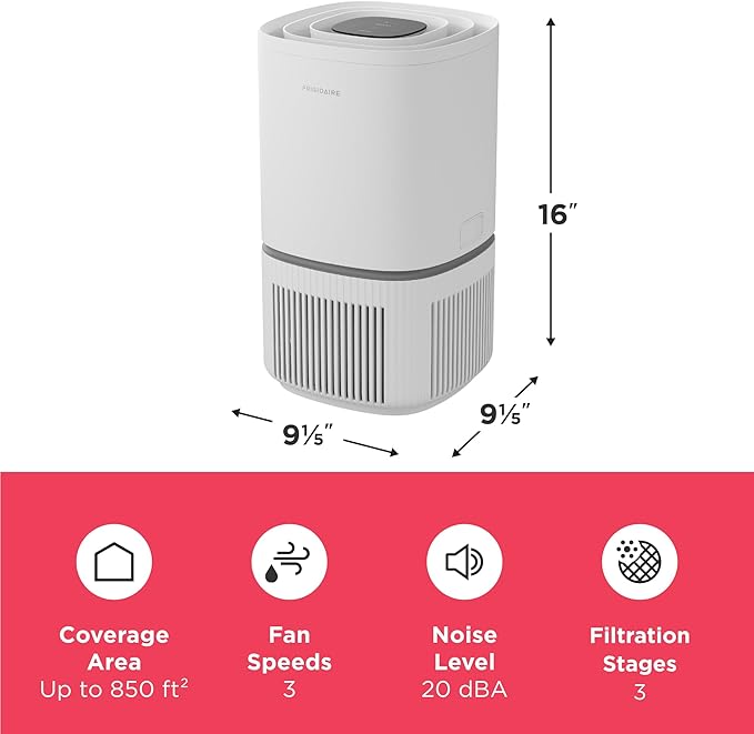 Frigidaire PureA300 HEPA Air Purifier for Small Bedrooms, Covers up to 850 Sq. Ft., 3-Stage Filtration, Energy Star Certification, Air Quality Monitoring, Smart Mode, Ultra Quiet, White-PawvioPets