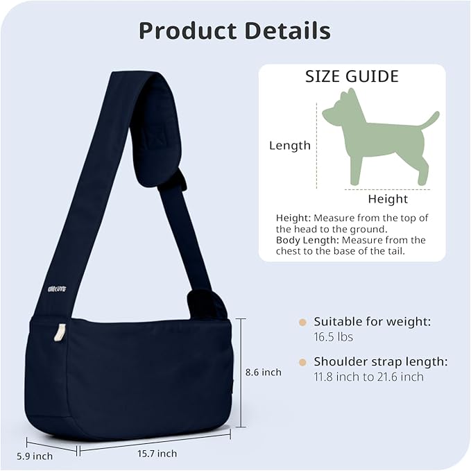 Dog Sling Carrier for Small Dogs and Cats, Lightweight Collapsible Pet Travel Bag with Adjustable Strap, Side Pockets & Breathable Mesh (Navy Blue, 15.7" L x 5.9" W x 8.6" H)-PawvioPets