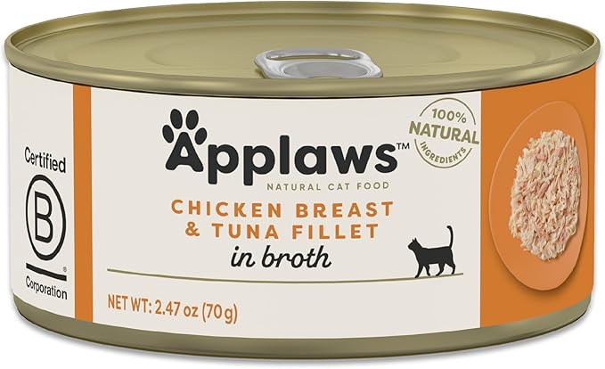 Applaws Natural Wet Cat Food in Broth, Limited Ingredient Canned Wet Cat Food, No Additives, Made with Natural Ingredients, Chicken Breast & Tuna Fillet in Broth (24 x 2.47oz Cans)-PawvioPets
