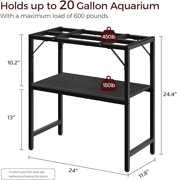 20 Gallon Fish Tank Stand, Aquarium Stand with 2-Tier Storage Shelves, Heavy Duty Breeder Turtle Terrarium Stand Rack for Home Office, 24.0" L x 11.8" W x 24.4" H, Black FTBK2001-PawvioPets